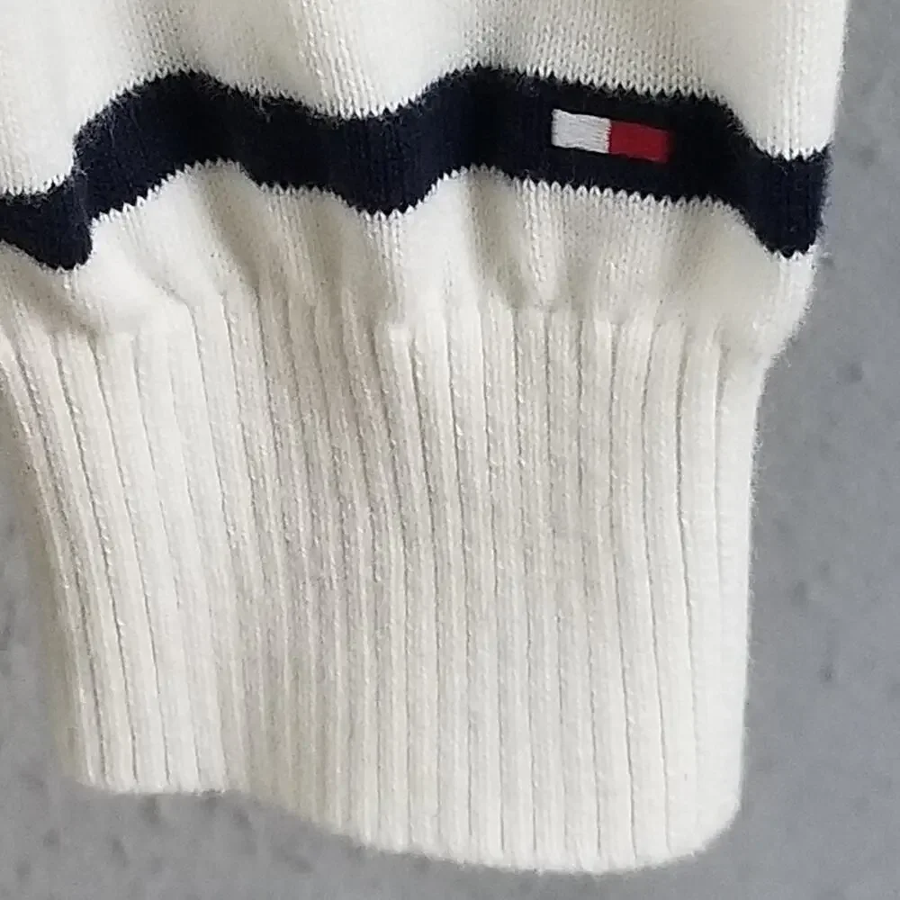 Tommy Hilfiger Sweater Mens Large White Navy‎ Red Striped Crewneck Cotton Knit